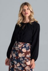 Bluzka z Łezką Zakończoną Wiązaniem - Czarna. Czarne bluzki Figl, l, bez wzorów, z materiału, bez kołnierzyka, bez ramiączek. Za 219.00 zł.