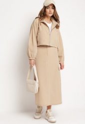 Beżowy Komplet Casualowy Bluza z Suwakiem i Stójką oraz Spódnica z Kieszeniami Hettora. Brązowe bluzy Born2be, l, bez wzorów, bez kaptura. W wyprzedaży za 144.49 zł.