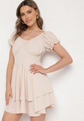 Beżowa Sukienka z Bawełną Bufiastymi Rękawami i Falbankami Maveleira. Brązowe sukienki Born2be, na spotkanie biznesowe, l, bez wzorów, z bawełny, eleganckie, bez kołnierzyka, bez ramiączek, mini. W wyprzedaży za 46.74 zł.