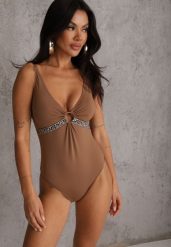 Brązowy Strój Kąpielowy z Paskiem w Geometryczny Print i Wycięciem Helania. Brązowe stroje jednoczęściowe Renee, bez wzorów, wakacyjne. Za 99.99 zł.