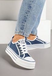 Granatowe Trampki na Platformie Ozdobione Cyrkoniami Arenoria. Niebieskie trampki Renee, bez wzorów, z jeansu, eleganckie, bez zapięcia. W wyprzedaży za 67.99 zł.