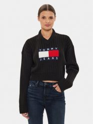 Tommy Jeans Sweter Center Flag DW0DW18528 Czarny Relaxed Fit. Czarne swetry Tommy Jeans, xl, bez wzorów, z jeansu, bez ramiączek. Za 289.99 zł.