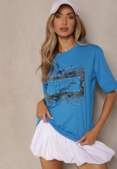 Niebieski T-shirt z Bawełny Zdobiony Nadrukiem z Cyrkoniami Idelunea. Niebieskie t-shirty Renee, m, z aplikacjami, z bawełny, eleganckie, bez kołnierzyka, bez ramiączek. W wyprzedaży za 31.99 zł.