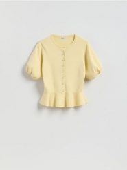 Kardigan z baskinką - jasnożółty. Żółte swetry Reserved, l, bez wzorów, z bawełny, bez ramiączek. Za 139.99 zł.