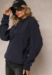 Granatowa Dzianinowa Bluza z Nadrukiem i Kapturem Nehret. Niebieskie bluzy Renee, l, z aplikacjami, z dzianiny, bez ramiączek, z kapturem. W wyprzedaży za 63.99 zł.