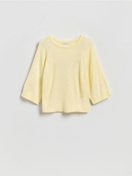 Gładki sweter - jasnożółty. Żółte swetry Reserved, l, bez wzorów, z dzianiny, bez ramiączek. Za 89.99 zł.