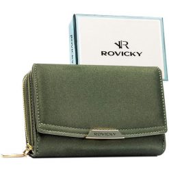 Portfel damski ze skóry ekologicznej w zielonym kolorze, zamykany na zatrzask - Rovicky. Zielone portfele ROVICKY, bez wzorów, ze skóry ekologicznej. Za 79.99 zł.