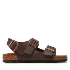 Sandały Birkenstock. Brązowe sandały Birkenstock, bez wzorów, bez obcasa, na płaskiej podeszwie, bez zapięcia. Za 449.99 zł.