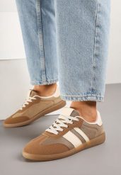 Ciemnobeżowe Sneakersy Tenisówki z Ozdobnymi Paskami Jenavena. Brązowe trampki Born2be, bez wzorów, klasyczne, bez zapięcia. W wyprzedaży za 63.74 zł.