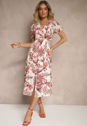 Czerwona Sukienka o Rozkloszowanym Kroju z Dekoltem w Serek w Roślinny Print Evilessa. Czerwone sukienki Renee, na co dzień, l, bez wzorów, eleganckie, bez kołnierzyka, bez ramiączek, midi, rozkloszowane. W wyprzedaży za 119.99 zł.