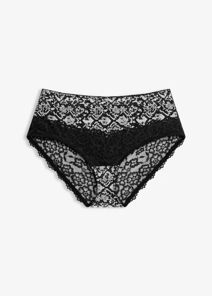 Figi maxi panty z drukowaną siateczką. Białe figi bonprix, bez wzorów, z koronki, z podwyższonym stanem. Za 39.99 zł.