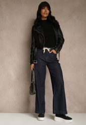 Niebieskie Jeansy z Bawełny High Waist z Ozdobną Sznurówką w Pasie Ohirvyra. Niebieskie spodnie materiałowe Renee, bez wzorów, z bawełny, z podwyższonym stanem. Za 99.99 zł.