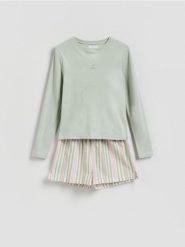 Dwuczęściowa piżama z nadrukiem - jasnozielony. Zielone piżamy Reserved, l, bez wzorów, z bawełny, bez kołnierzyka, bez ramiączek. Za 109.99 zł.