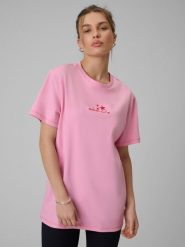 4F T-shirt oversize z nadrukiem damski - różowy L. Czerwone t-shirty 4f, l, bez wzorów, z dzianiny, bez kołnierzyka, bez ramiączek. Za 79.99 zł.