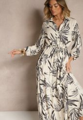 Beżowo-Czarna Rozkloszowana Sukienka Koszulowa z Lnu i Wiskozy z Roślinnym Printem Redeva. Czarne sukienki Renee, na co dzień, m, bez wzorów, z wiskozy, eleganckie, bez kołnierzyka, bez ramiączek, maxi, koszulowe. W wyprzedaży za 97.99 zł.