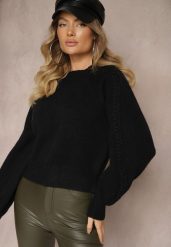 Czarny Sweter z Wiskozą i Splotem w Stylu Warkocz z Półgolfem Sinithia. Czarne swetry Renee, na zimę, bez wzorów, z wiskozy, casualowe, bez ramiączek. W wyprzedaży za 95.99 zł.