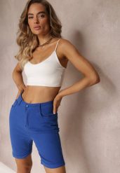 Niebieskie Szorty do Kolana z Wysokim Stanem Betria. Niebieskie szorty Renee, bez wzorów, klasyczne. W wyprzedaży za 51.99 zł.