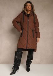 Brązowa Pikowana Kurtka z Przeszyciem w Kratę Kapturem i Kieszeniami Zenetta. Brązowe kurtki Renee, l, bez wzorów, z jeansu, eleganckie, z kapturem. Za 179.99 zł.