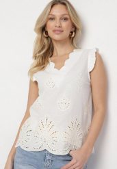 Biała Ażurowa Bluzka z Bawełny z Falbankami Tatiriana. Białe bluzki Born2be, l, w ażurowe wzory, z bawełny, eleganckie, bez kołnierzyka, bez ramiączek. Za 89.99 zł.