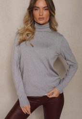 Jasnoszary Golf Sweterkowy o Klasycznym Kroju Neritale. Szare swetry Renee, na jesień, l, z aplikacjami, klasyczne, bez ramiączek. W wyprzedaży za 47.99 zł.