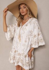 Biała Sukienka Oversize w Stylu Boho z Wiskozą Zdobiona Haftem Zenhiria. Białe sukienki Renee, na co dzień, z aplikacjami, z wiskozy, boho, bez kołnierzyka, bez ramiączek, mini, kopertowe. W wyprzedaży za 83.99 zł.