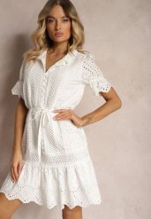 Biała Sukienka Boho z Bawełny Ozdobiona Ażurowym Wzorem Falbaną i Przewiązana Paskiem Nelah. Białe sukienki Renee, na co dzień, l, w ażurowe wzory, z bawełny, boho, bez kołnierzyka, bez ramiączek, midi, proste. W wyprzedaży za 143.99 zł.