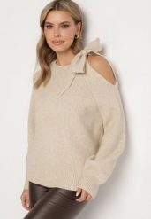 Beżowy Sweter Ozdobiony Kokardą i Wycięciem Noredi. Brązowe swetry Born2be, na zimę, bez wzorów, z jeansu, eleganckie, bez ramiączek. W wyprzedaży za 110.49 zł.