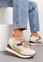 Beżowe Sneakersy na Ukrytym Niewysokim Koturnie z Brokatem Fioralan. Brązowe buty sportowe lifestyle Renee, bez wzorów, sportowe, bez zapięcia. W wyprzedaży za 111.99 zł.