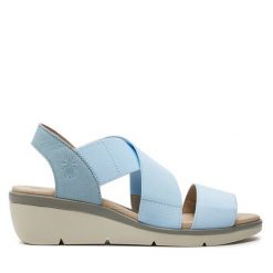 Sandały Fly London. Niebieskie sandały Fly London, bez wzorów, bez obcasa, na koturnie, bez zapięcia. Za 489.99 zł.