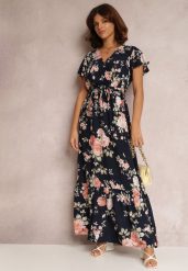 Granatowa Sukienka w Kwiaty o Kopertowym Kroju z Wiązanym Paskiem Iphene. Niebieskie sukienki Renee, na co dzień, l, bez wzorów, eleganckie, bez kołnierzyka, bez ramiączek, maxi, kopertowe. W wyprzedaży za 63.99 zł.