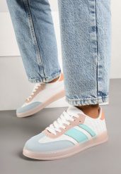 Biało-Niebieskie Sneakersy Tenisówki z Geometrycznym Wzorem Eleamila. Białe trampki Born2be, z aplikacjami, z jeansu, eleganckie, bez zapięcia. W wyprzedaży za 84.99 zł.