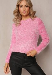 Różowy Sweter z Puchatego Gładkiej Materiału z Okrągłym Dekoltem i Długim Rękawem Klarrilo. Czerwone swetry Renee, na jesień, bez wzorów, z elastanu, casualowe, bez ramiączek. W wyprzedaży za 51.99 zł.