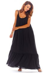 Czarna Luźna Maxi Sukienka na Lato. Czarne sukienki Awama, uniwersalny, bez wzorów, z materiału, bez kołnierzyka, bez ramiączek, maxi, rozkloszowane. Za 269.90 zł.