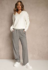 Jasnoszare Spodnie High Waist z Gumką i Troczkami w Pasie Rallena. Szare jeansy Renee, l, bez wzorów, z jeansu, z podwyższonym stanem. Za 79.99 zł.