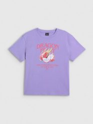 4F T-shirt loose z nadrukiem damski - fioletowy XS. Fioletowe t-shirty 4f, xs, bez wzorów, z bawełny, bez kołnierzyka, bez ramiączek. Za 69.99 zł.