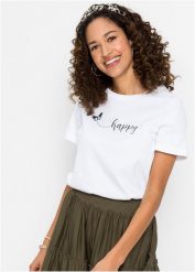 T-shirt z czystej bawełny z nadrukiem. Zielone t-shirty bonprix, bez wzorów, z bawełny, bez kołnierzyka, bez ramiączek. Za 34.99 zł.