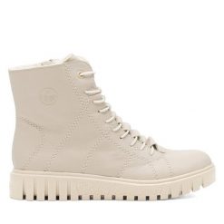 Botki Rieker. Brązowe botki Rieker, bez wzorów, bez obcasa, na płaskiej podeszwie, bez zapięcia. Za 379.99 zł.