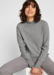 Sweter basic ze stójką, z bawełny z recyklingu. Szare swetry bonprix, bez wzorów, z bawełny, bez ramiączek. Za 64.99 zł.