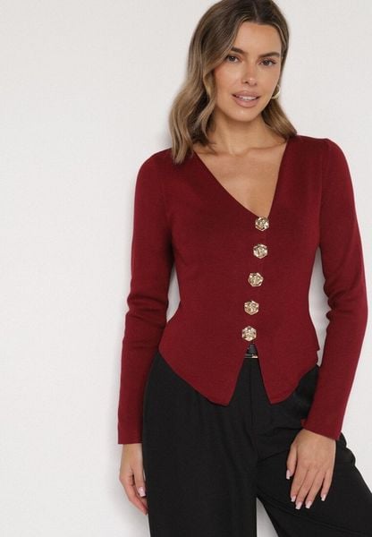 Bordowy Sweter z Wiskozą Ozdobiony Guzikami Zetisae. Czerwone swetry Born2be, m, bez wzorów, z jeansu, eleganckie, bez ramiączek. Za 89.99 zł.