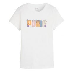 Koszulka damska PUMA ESS+ Graphic Tee. Białe t-shirty sportowe Puma, xs, bez wzorów, z bawełny, bez ramiączek, na fitness i siłownię. Za 68.99 zł.