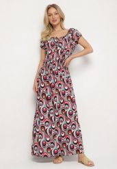 Jasnozielona Sukienka z Geometrycznym Wzorem i Hiszpańskim Dekoltem Tosile. Zielone sukienki Born2be, na co dzień, l, bez wzorów, eleganckie, bez kołnierzyka, bez ramiączek, maxi. Za 79.99 zł.