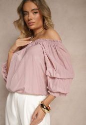 Różowa Bluzka z Wiskozą Ozdobiona Falbanami Melzivia. Czerwone bluzki Renee, bez wzorów, z wiskozy, eleganckie, bez kołnierzyka, bez ramiączek. W wyprzedaży za 43.99 zł.