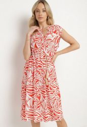 Czerwona Bawełniana Rozkloszowana Sukienka z Geometrycznym Wzorem Annivaria. Czerwone sukienki Born2be, na co dzień, l, bez wzorów, z bawełny, eleganckie, bez kołnierzyka, bez ramiączek, midi, rozkloszowane. Za 79.99 zł.