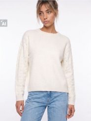 Sweter z ażurowymi rękawami, z domieszką wełny - kremowy. Białe swetry Sinsay, l, w ażurowe wzory, z wełny, bez ramiączek. Za 49.99 zł.