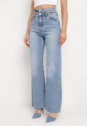 Jasnoniebieskie Szerokie Jeansy z Wysokim Stanem i Ozdobnym Paskiem Akkamme. Niebieskie jeansy Born2be, l, bez wzorów, z jeansu, eleganckie, z podwyższonym stanem. Za 179.99 zł.