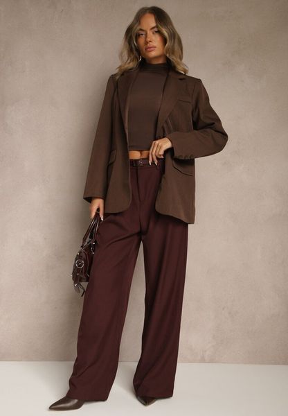 Bordowe Garniturowe Spodnie o Szerokim Kroju Ozdobione Paskiem Madvire. Czerwone jeansy Renee, l, bez wzorów, z jeansu, eleganckie. Za 119.99 zł.