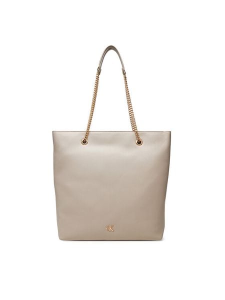 Calvin Klein Torebka Minimal Monogram Chain Tote LV04F3204G Beżowy. Brązowe torebki klasyczne Calvin Klein, bez wzorów, ze skóry, bez dodatków. Za 349.99 zł.