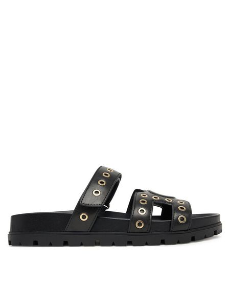 Guess Klapki FLPFAS ELE03 Czarny. Czarne klapki Guess, z aplikacjami, ze skóry, bez obcasa, bez zapięcia. Za 287.99 zł.
