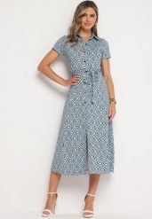 Niebieska Sukienka Taliowana o Koszulowym Kroju Zapinana na Guziki o Geometrycznym Wzorze Parra. Niebieskie sukienki Born2be, na co dzień, l, bez wzorów, eleganckie, bez kołnierzyka, bez ramiączek, midi, koszulowe. Za 169.99 zł.