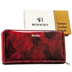 Modny portfel damski z lakierowanej skóry naturalnej w czerwonym kolorze zamykany suwakiem Rovicky RH-25-1-DBF. Czerwone portfele bez wzorów, ze skóry. Za 84.00 zł.